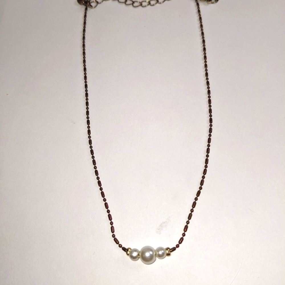 Vintage Signed LC Liz Claibone Bronze Seed Beads &‎ Simulated Peal Necklace Da - Picture 3 of 6